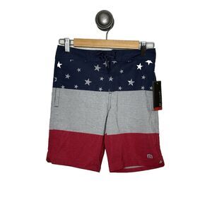 TRAVIS MATHEW Boys Size 12 Swim Shorts Youth Red Blue Stars Flag New Boardshorts